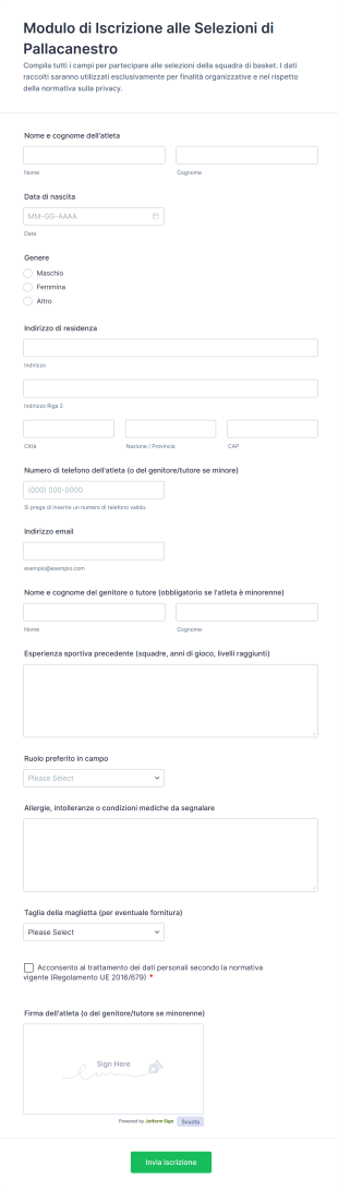 Modulo Di Iscrizione Alle Selezioni Di Pallacanestro