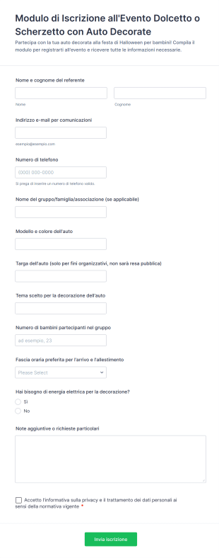 Modulo Di Iscrizione All'Evento Dolcetto O Scherzetto Con Auto Decorate