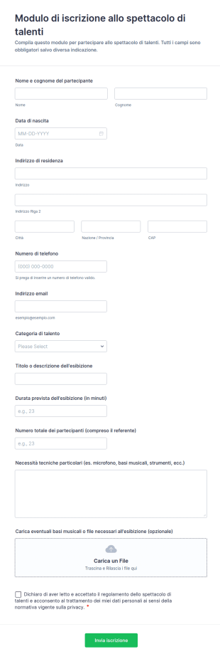 Modulo Di Iscrizione Allo Spettacolo Di Talenti