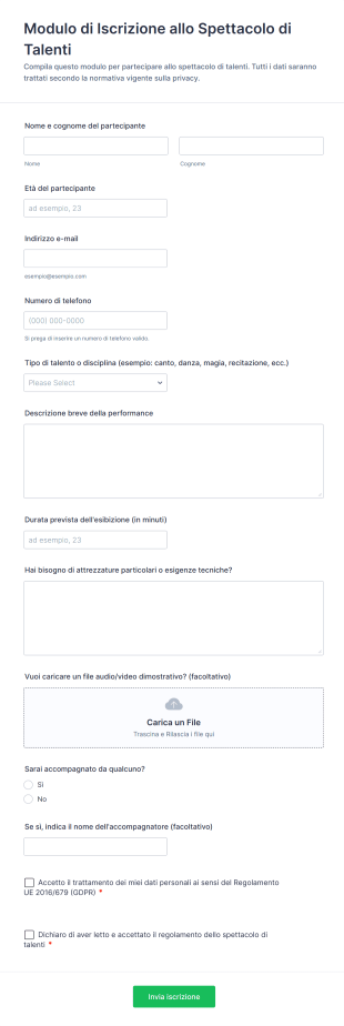 Modulo Di Iscrizione Allo Spettacolo Di Talenti Form Template