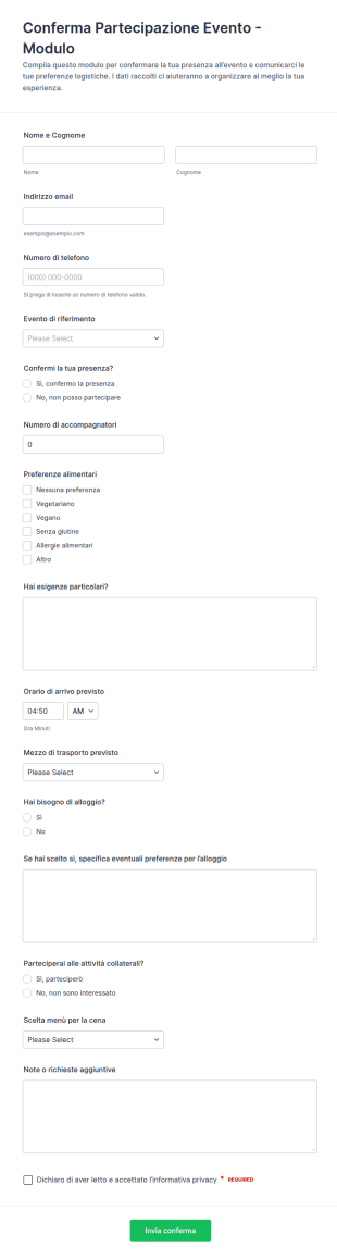 Modulo Di Iscrizione All’RSVP Per Eventi