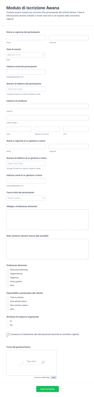 Modulo Di Iscrizione Awana