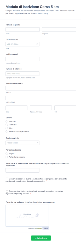 Modulo Di Iscrizione Corsa 5 Km