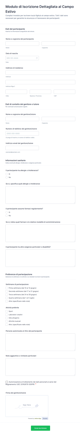 Modulo Di Iscrizione Dettagliata Al Campo Estivo