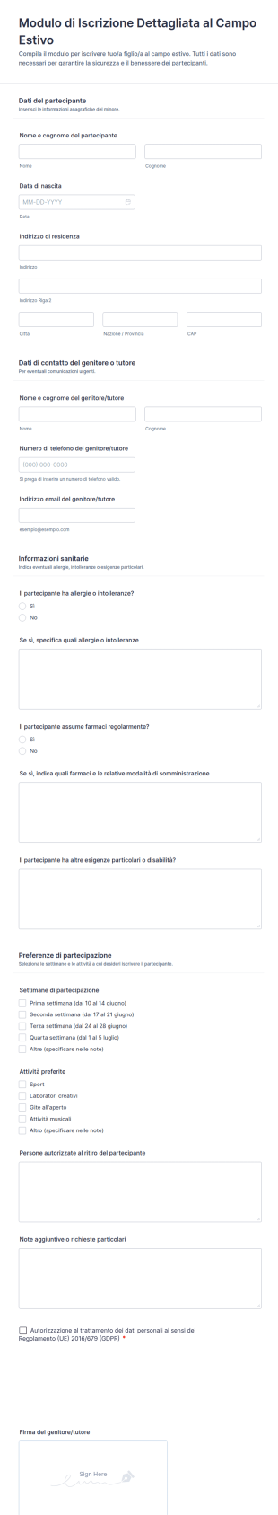 Modulo Di Iscrizione Dettagliata Al Campo Estivo