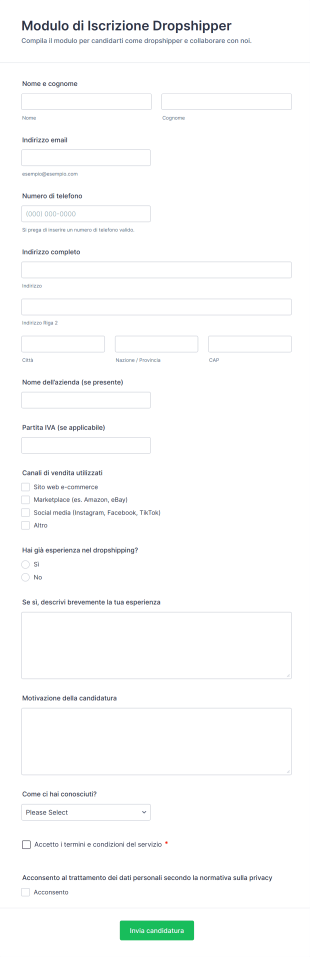 Modulo Di Iscrizione Dropshipper