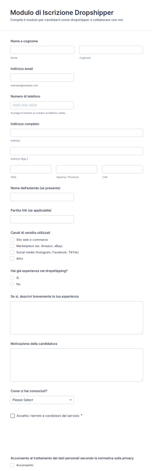 Modulo Di Iscrizione Dropshipper