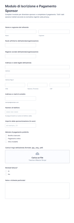 Modulo Di Iscrizione E Pagamento Per Sponsor