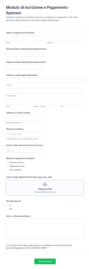 Modulo Di Iscrizione E Pagamento Per Sponsor