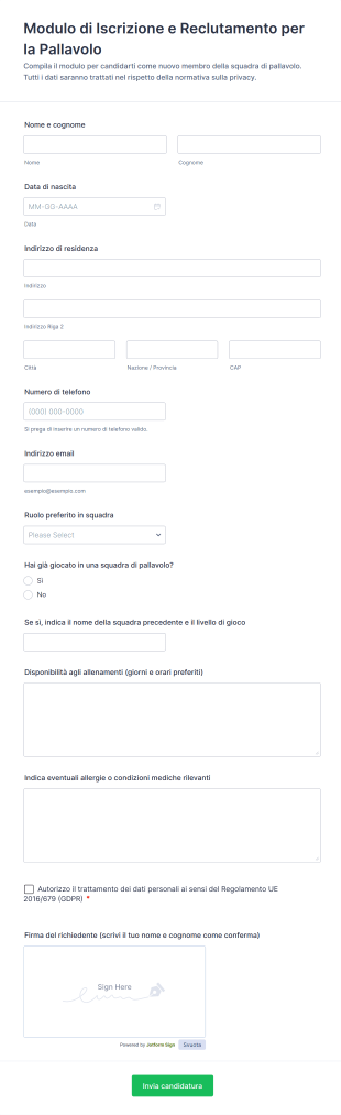 Modulo Di Iscrizione E Reclutamento Per La Pallavolo