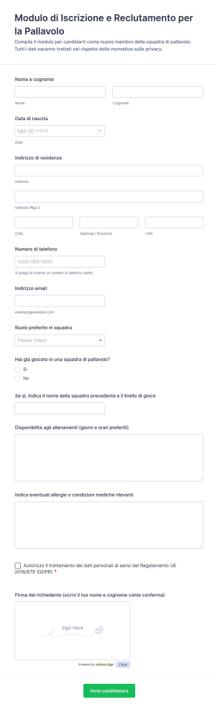 Modulo Di Iscrizione E Reclutamento Per La Pallavolo