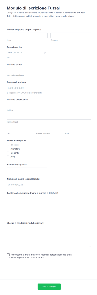 Modulo Di Iscrizione Futsal