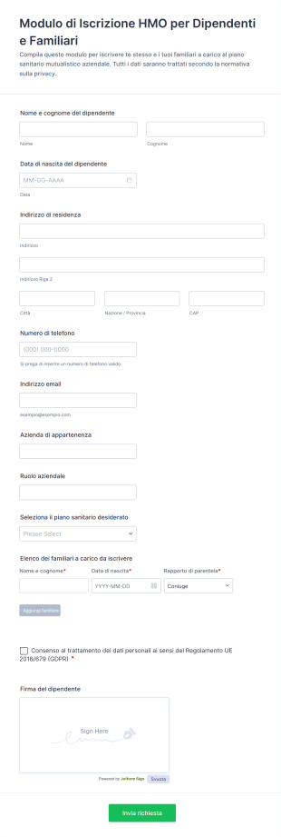 Modulo Di Iscrizione HMO Per Dipendenti E Familiari