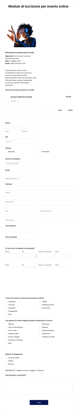 Modulo Di Iscrizione Per Evento Online