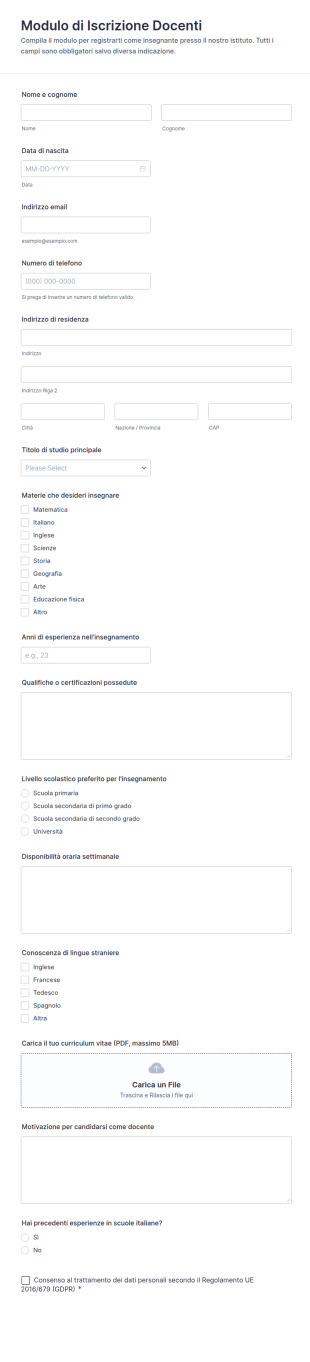 Modulo Di Iscrizione Per Insegnanti