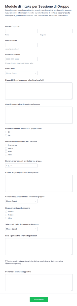Modulo Di Iscrizione Sessione Di Gruppo Per Nuovi Clienti