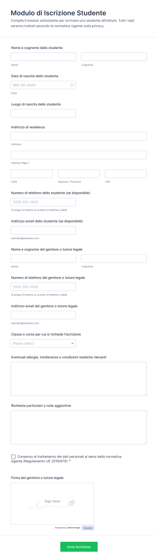 Modulo Di Iscrizione Studente