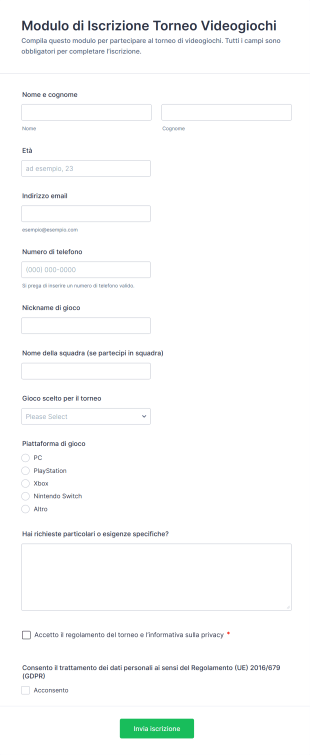 Modulo Di Iscrizione Torneo Videogiochi