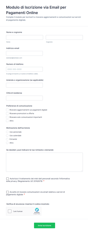 Modulo Di Iscrizione Via Email Per Pagamenti Online