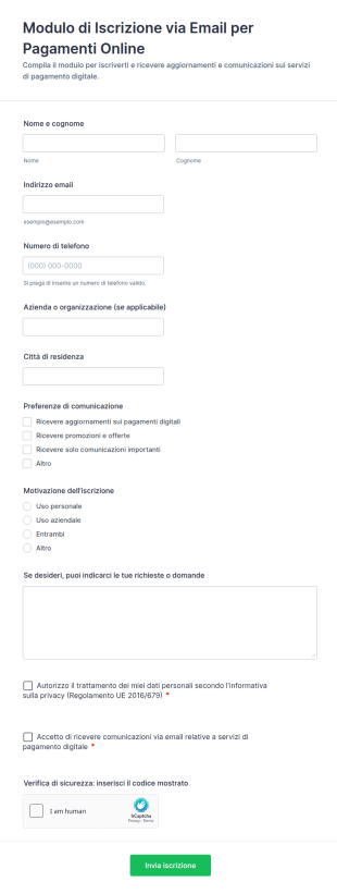 Modulo Di Iscrizione Via Email Per Pagamenti Online