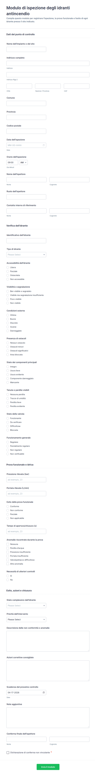 Modulo Di Ispezione Degli Idranti Antincendio
