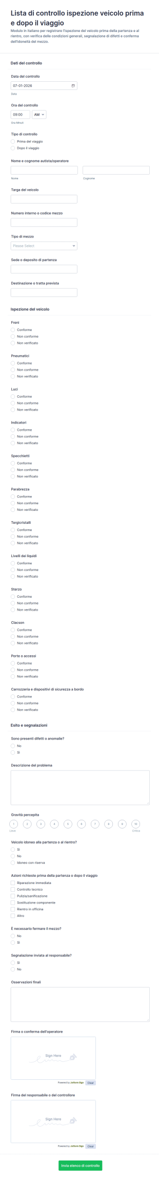 Modulo Di Ispezione Pre E Post Viaggio Del Conducente