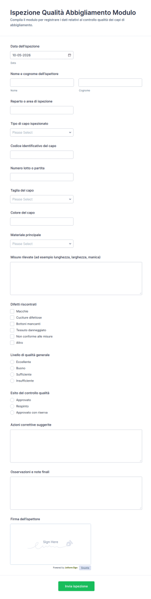 Modulo Di Ispezione Qualità Abbigliamento