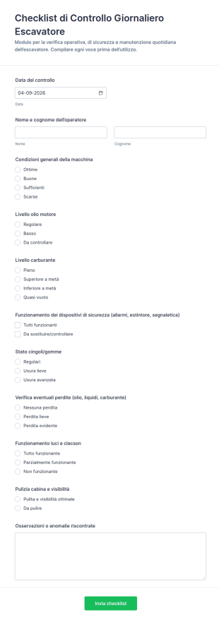 Modulo Di Ispezione Quotidiana Per Escavatore