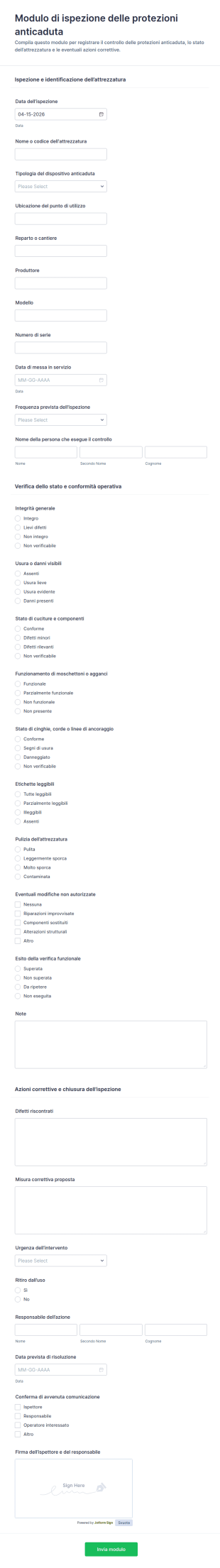 Modulo Di Ispezione Sulla Protezione Anticaduta