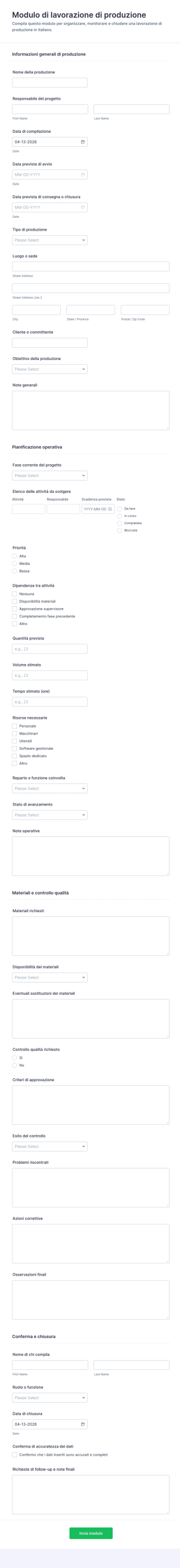 Modulo Di Lavoro Di Produzione