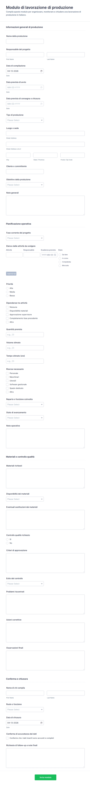 Modulo Di Lavoro Di Produzione