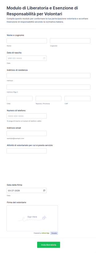 Modulo Di Liberatoria E Esenzione Di Responsabilità Per Volontari