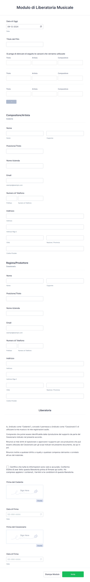 Modulo Di Liberatoria Musicale Form Template