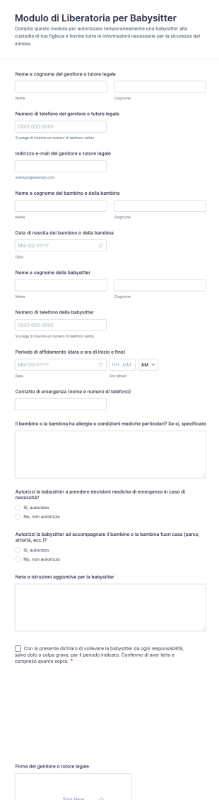 Modulo Di Liberatoria Per Babysitter