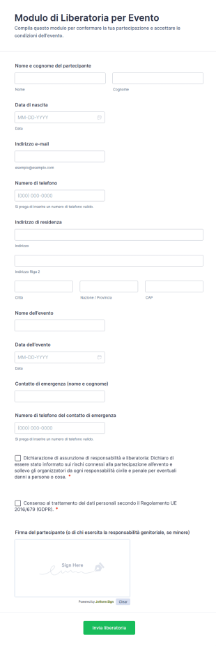 Modulo Di Liberatoria Per Evento