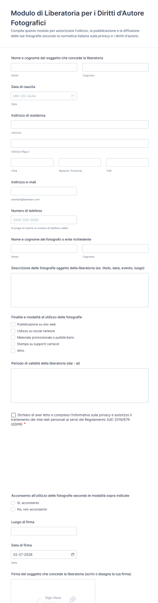 Modulo Di Liberatoria Per I Diritti D'Autore Fotografici