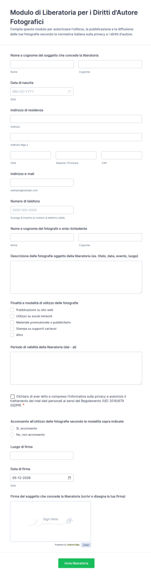 Modulo Di Liberatoria Per I Diritti D'Autore Fotografici