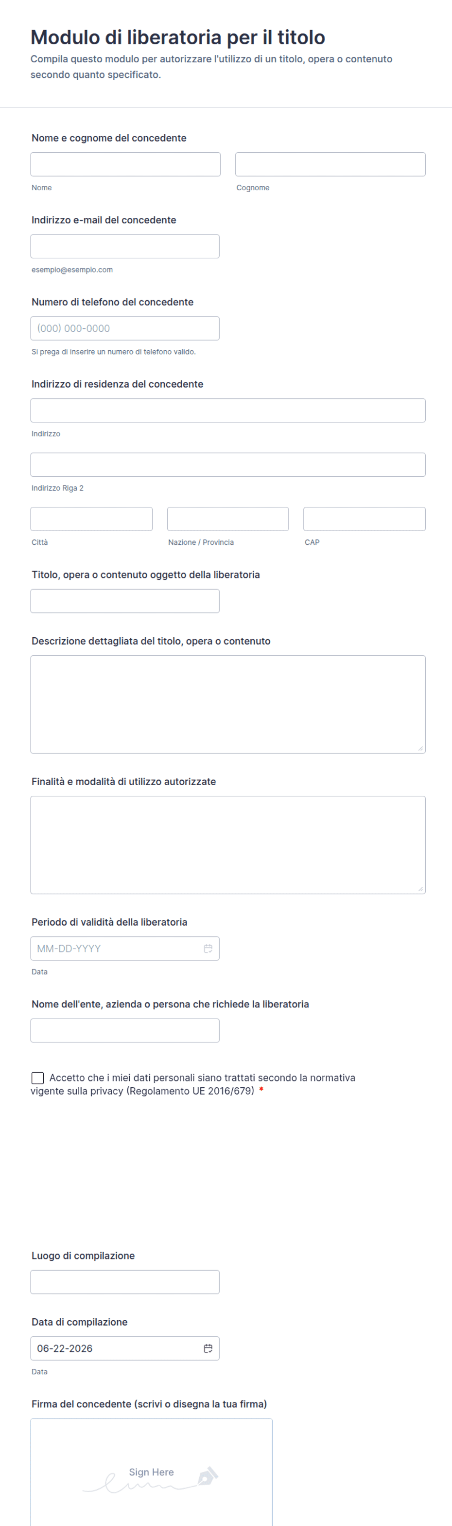 Modulo di liberatoria per il titolo | Jotform