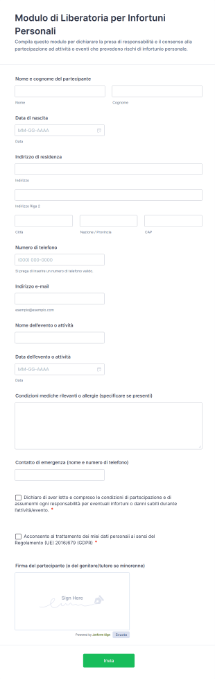 Modulo Di Liberatoria Per Infortuni Personali