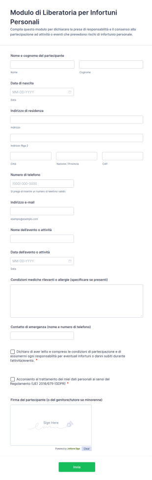 Modulo Di Liberatoria Per Infortuni Personali
