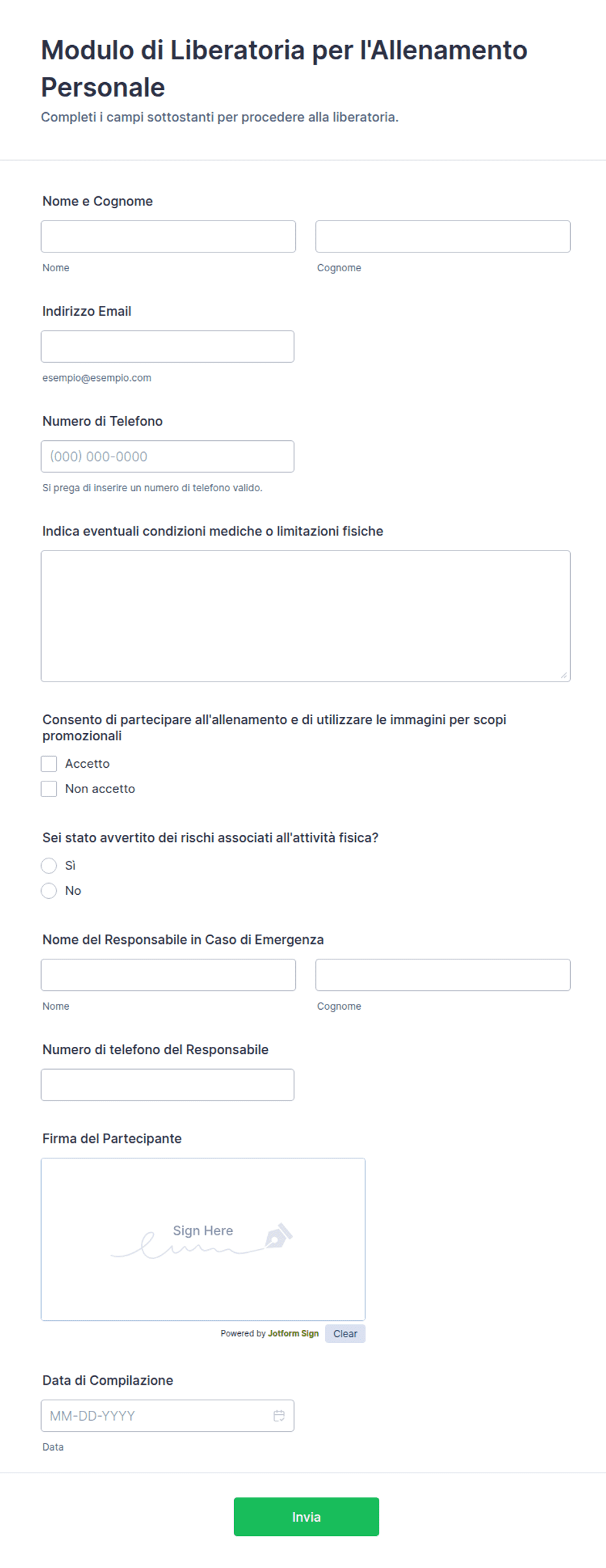 Modulo di Liberatoria per l'Allenamento Personale | Jotform