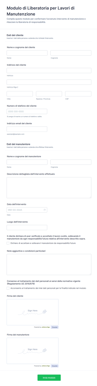 Modulo Di Liberatoria Per Lavori Di Manutenzione