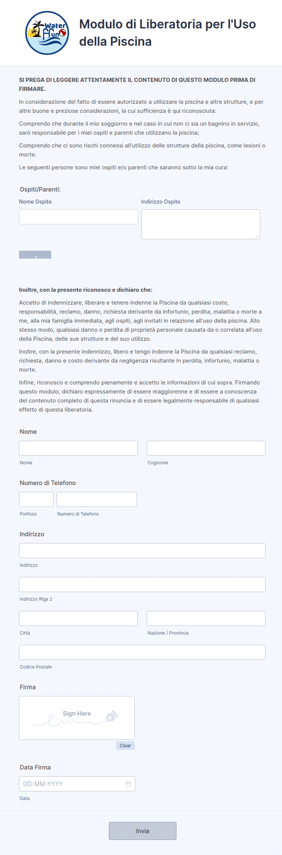 Modulo di Liberatoria per l'Uso della Piscina Template Modulo | Jotform