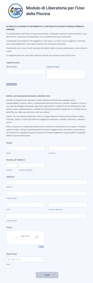 Modulo Di Liberatoria Per L'Uso Della Piscina
