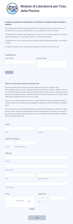 Modulo Di Liberatoria Per L'Uso Della Piscina Form Template