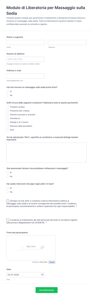 Modulo Di Liberatoria Per Massaggio Sulla Sedia