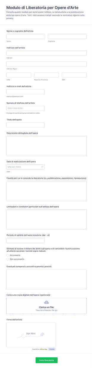 Modulo Di Liberatoria Per Opere D'Arte