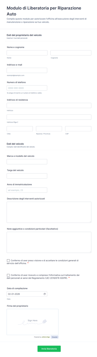 Modulo Di Liberatoria Per Riparazione Auto