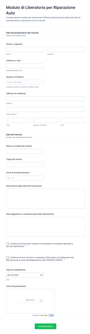 Modulo Di Liberatoria Per Riparazione Auto