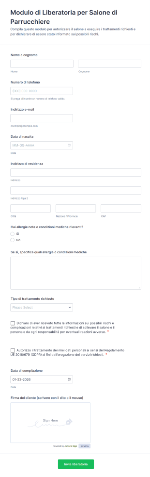 Modulo Di Liberatoria Per Salone Di Parrucchiere